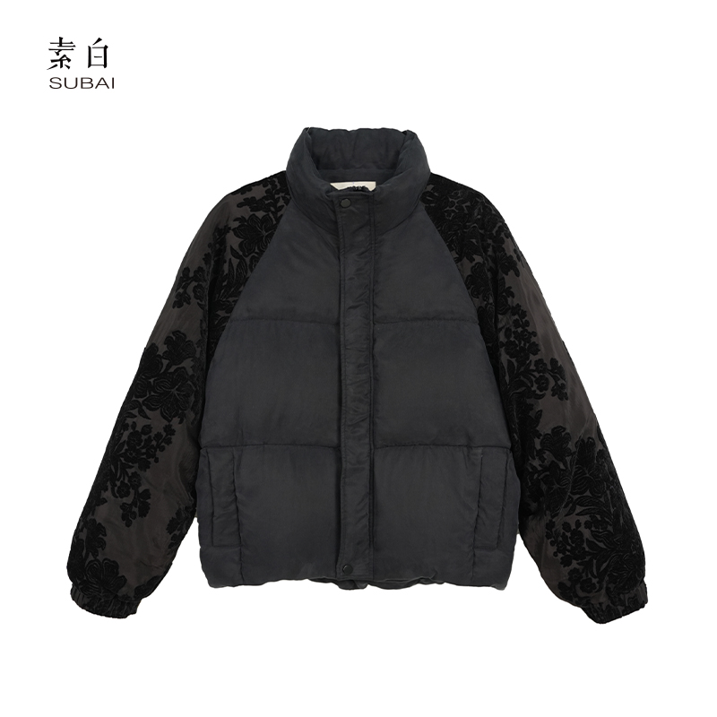 素白小众拼接【暖壳】R02119铜氨丝独特袖型冬季保暖短款鹅绒服