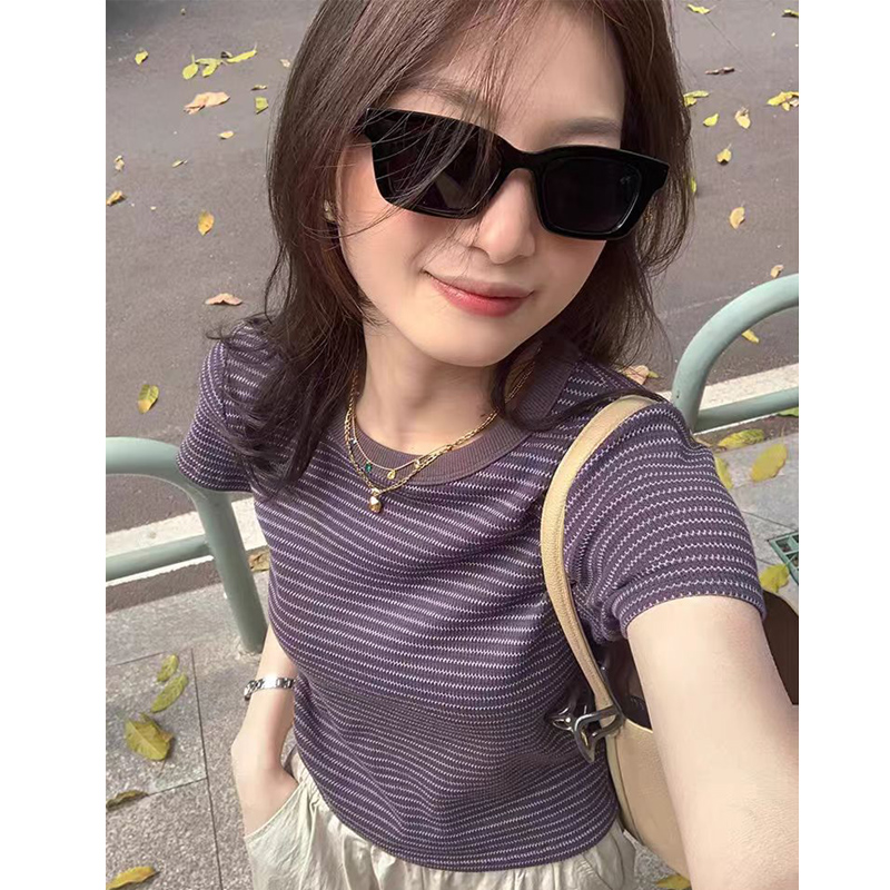 9106#紫色条纹t恤女美式短袖夏季撞色修身显瘦正肩圆领体恤上衣潮