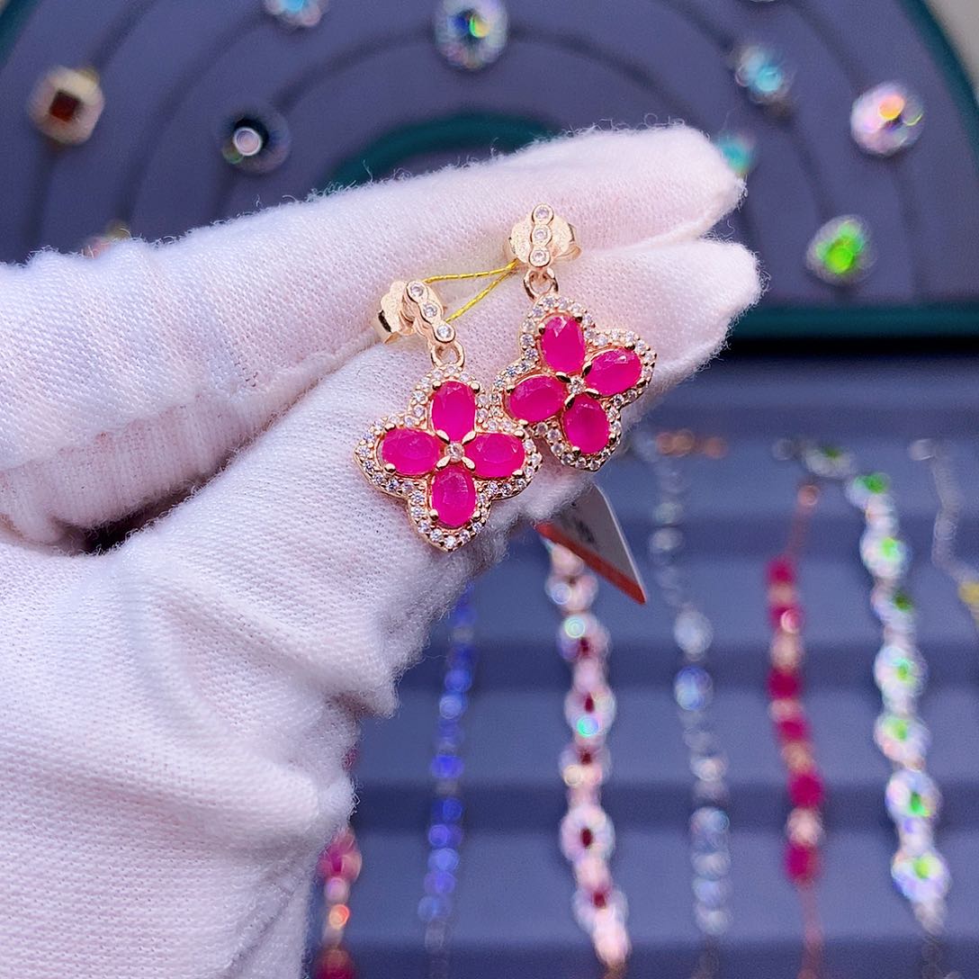 耳饰银S925镶嵌红宝石