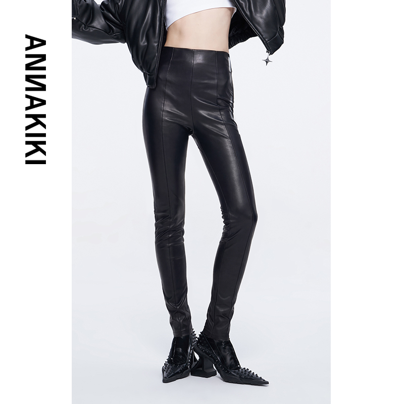 ANNAKIKI  小众薄绒黑色高腰紧身PU皮裤休闲小脚裤女3D4C1233H686