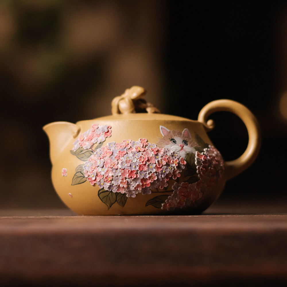 【小田甄陶】花仙子(猫)黄金段壶160cc（窑云S0402）