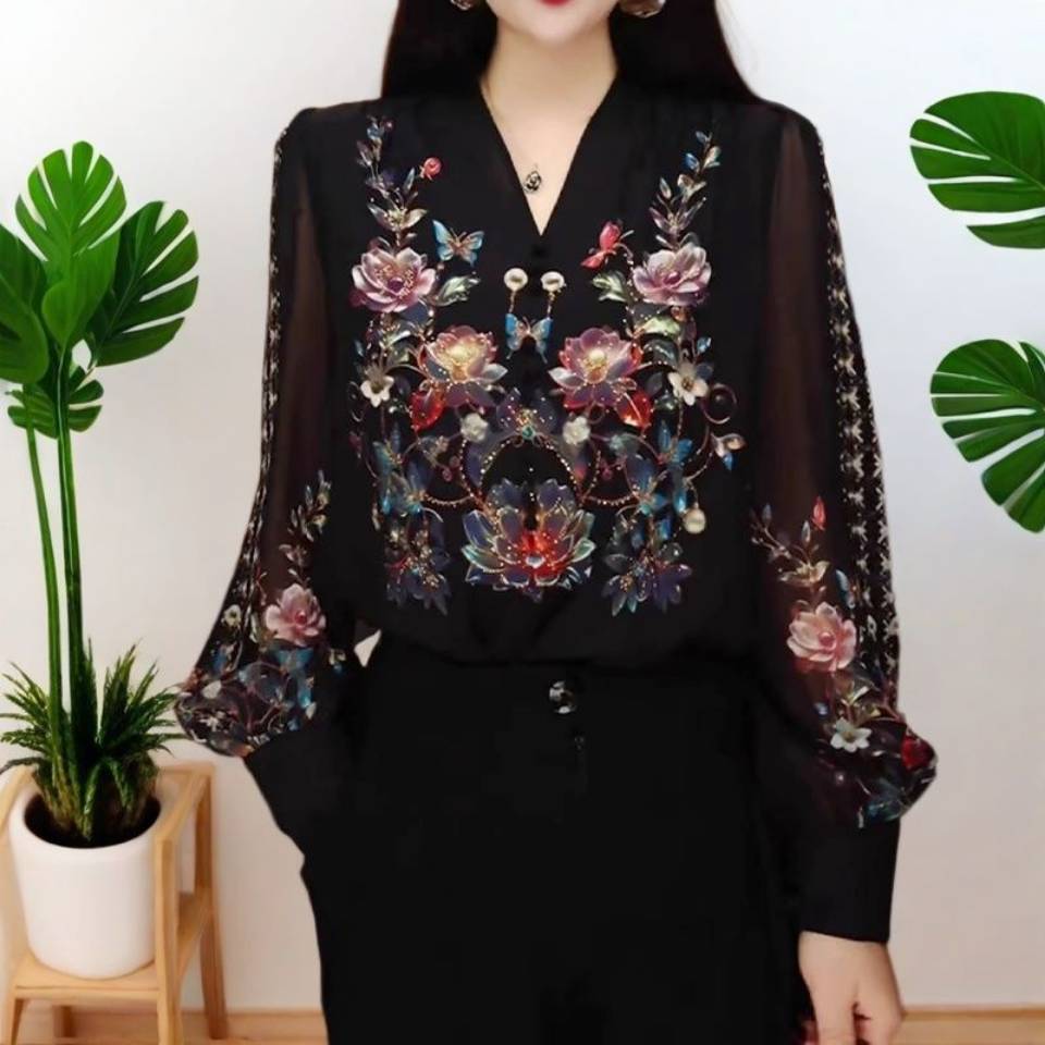 圆领中国风印花遮肚小衫女装大码常规款显瘦衬衫