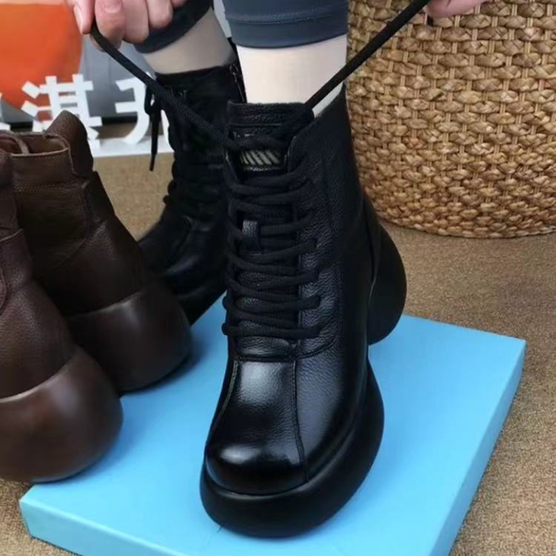 秋冬防滑交叉系带加绒保暖加厚舒适马丁靴厚底头层牛皮侧拉链短靴