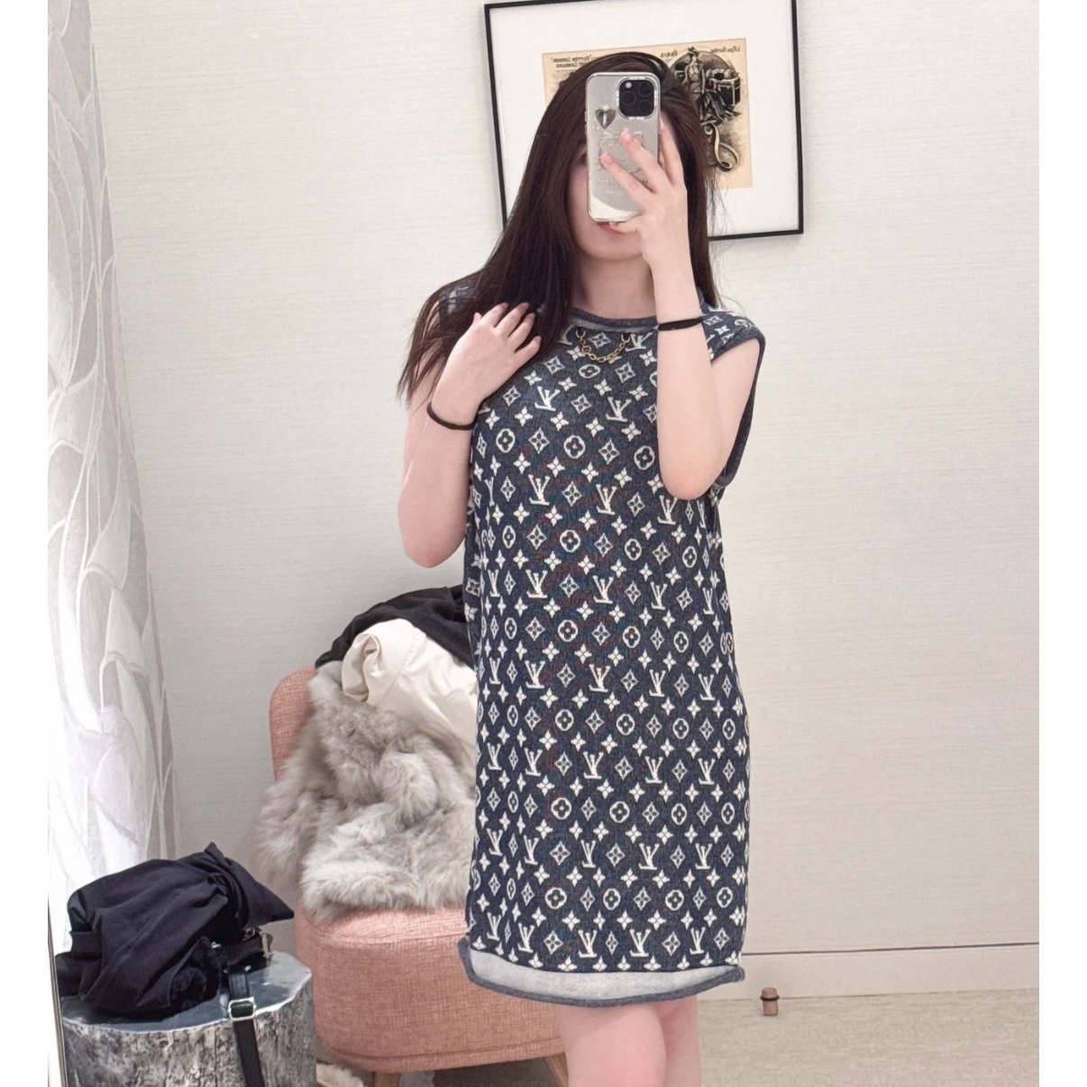 99新 LouisVuitton/路易威登 D500805/老花满印针织连衣裙/尺码XS