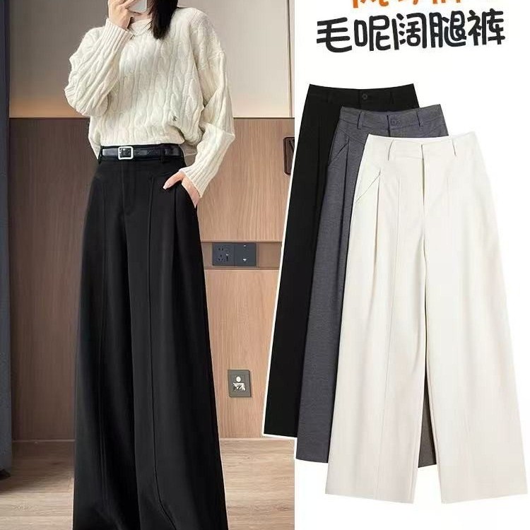 时尚高腰阔腿裤西装裤裤子秋冬加绒加厚女裤百搭垂感直筒裤显瘦