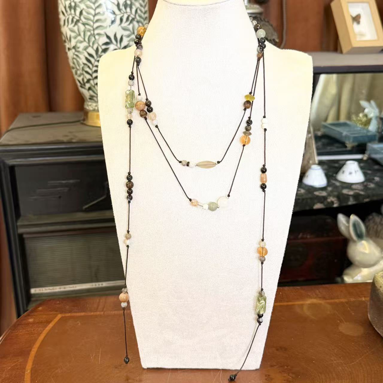 合金琉璃项链 LZ5267绿色凤尾磨砂藕粉色瓜子绳编大长链琉璃项链