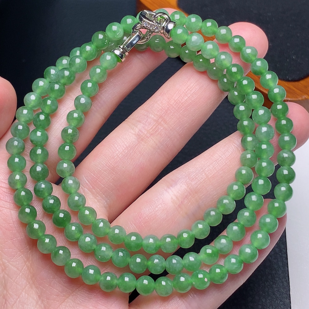缅甸天然翡翠a货冰种果绿油绿圆珠项链卡5mm绿色素圈菠菜绿