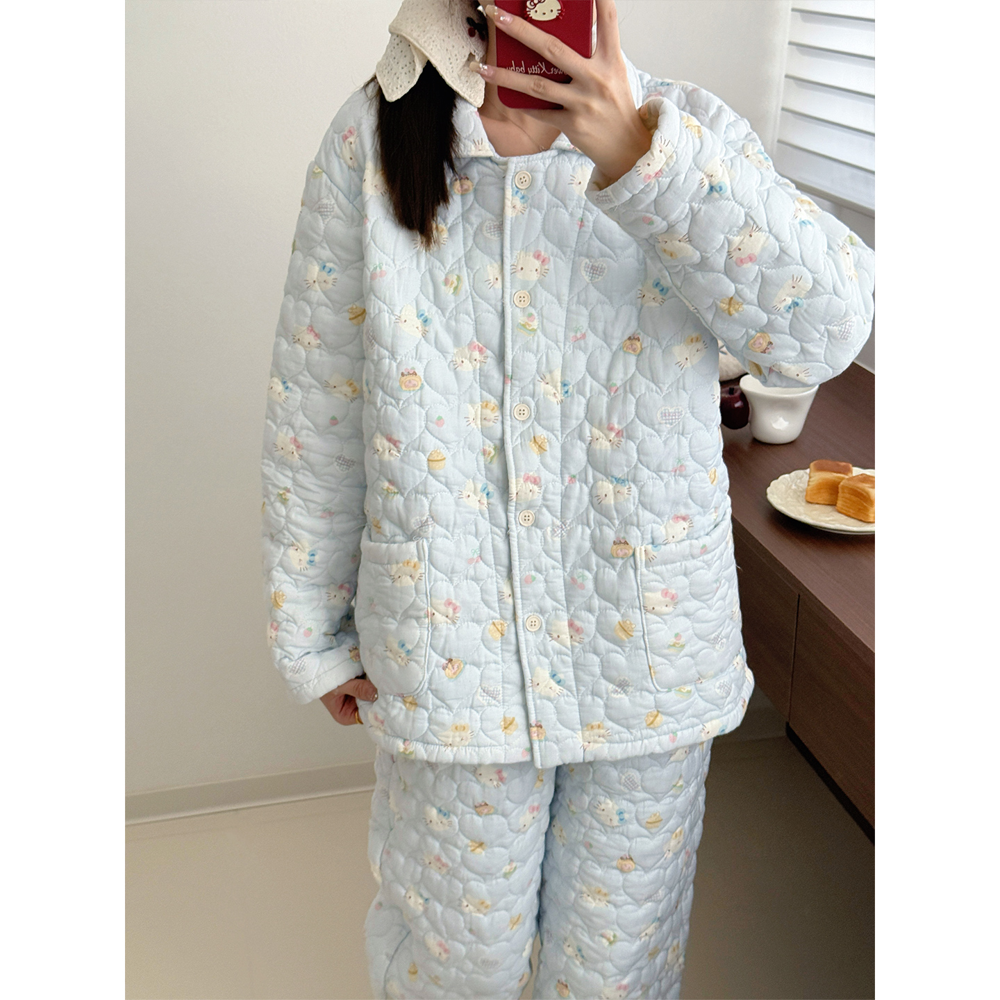 睡衣女冬季加厚纯棉棉纱三层绗棉夹棉蓝色卡通印花保暖家居服套装