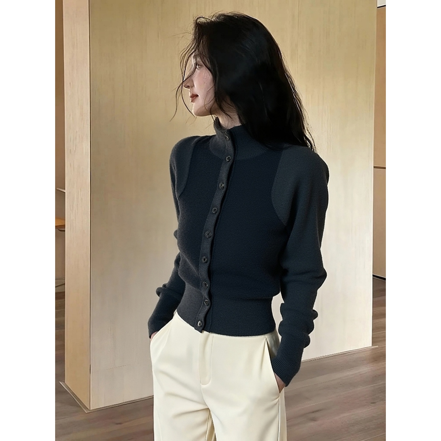 修身内搭高领针织开衫女秋冬巨好看灰色毛衣外套收腰长袖上衣打底