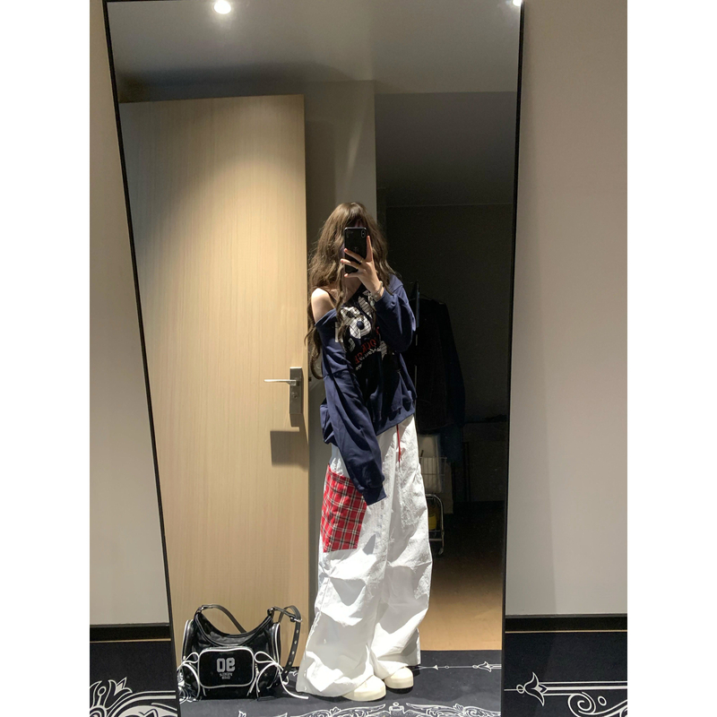 美式复古高街格子拼接白色工装裤子女春秋2025新款宽松直筒阔腿裤
