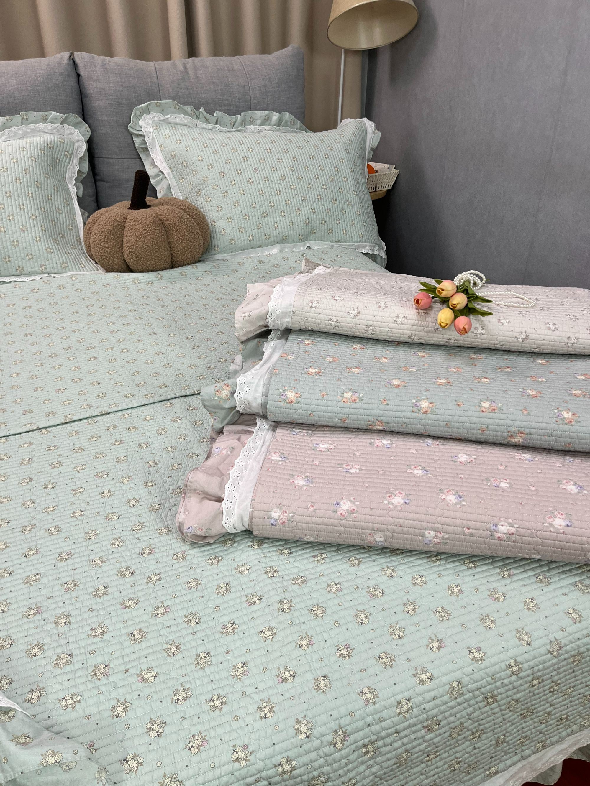 纯棉床盖四季通用全棉可机洗砂洗绗缝夹棉床盖