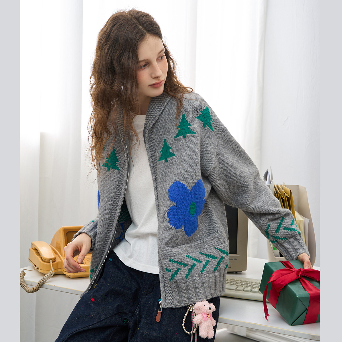 【茉茉专属】韩系设计提花翻领百搭针织开衫毛衣AEW3M7I10