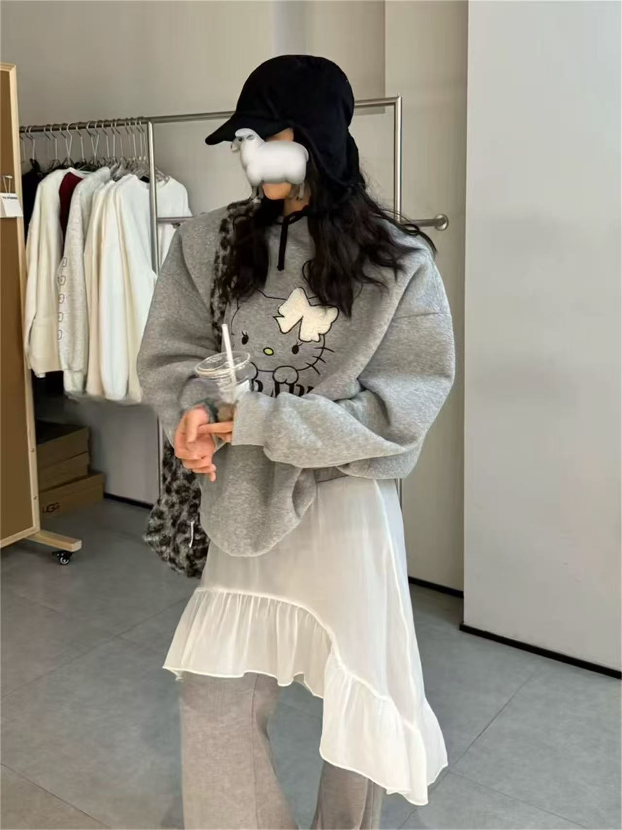 韩版秋冬时尚减龄圆领重工印图长袖加绒卫衣屁帘阔腿裤显瘦套装