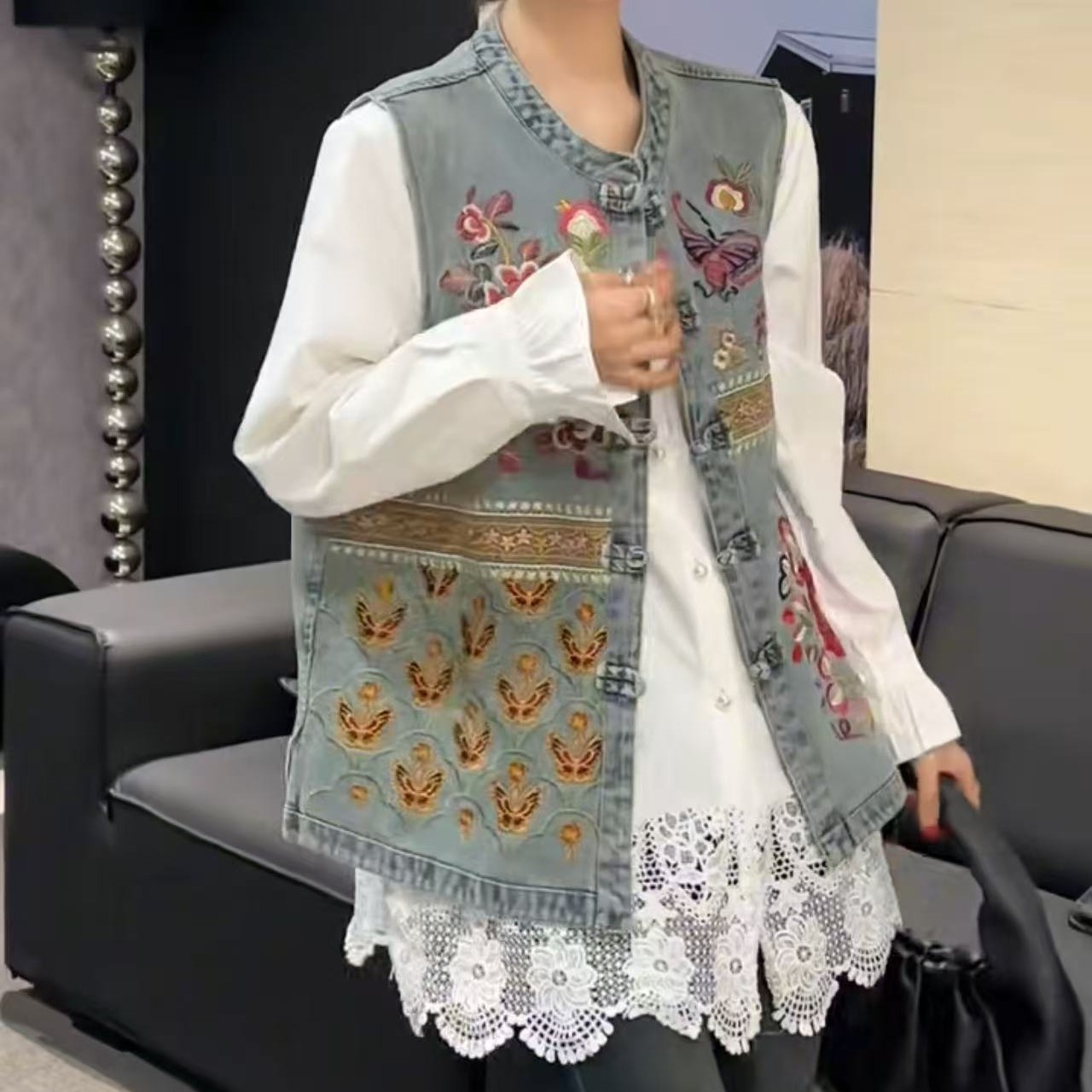 LL新中式禅意国风唐装叠穿马甲宋锦上衣马夹➕衬衫两件套（可单拍）