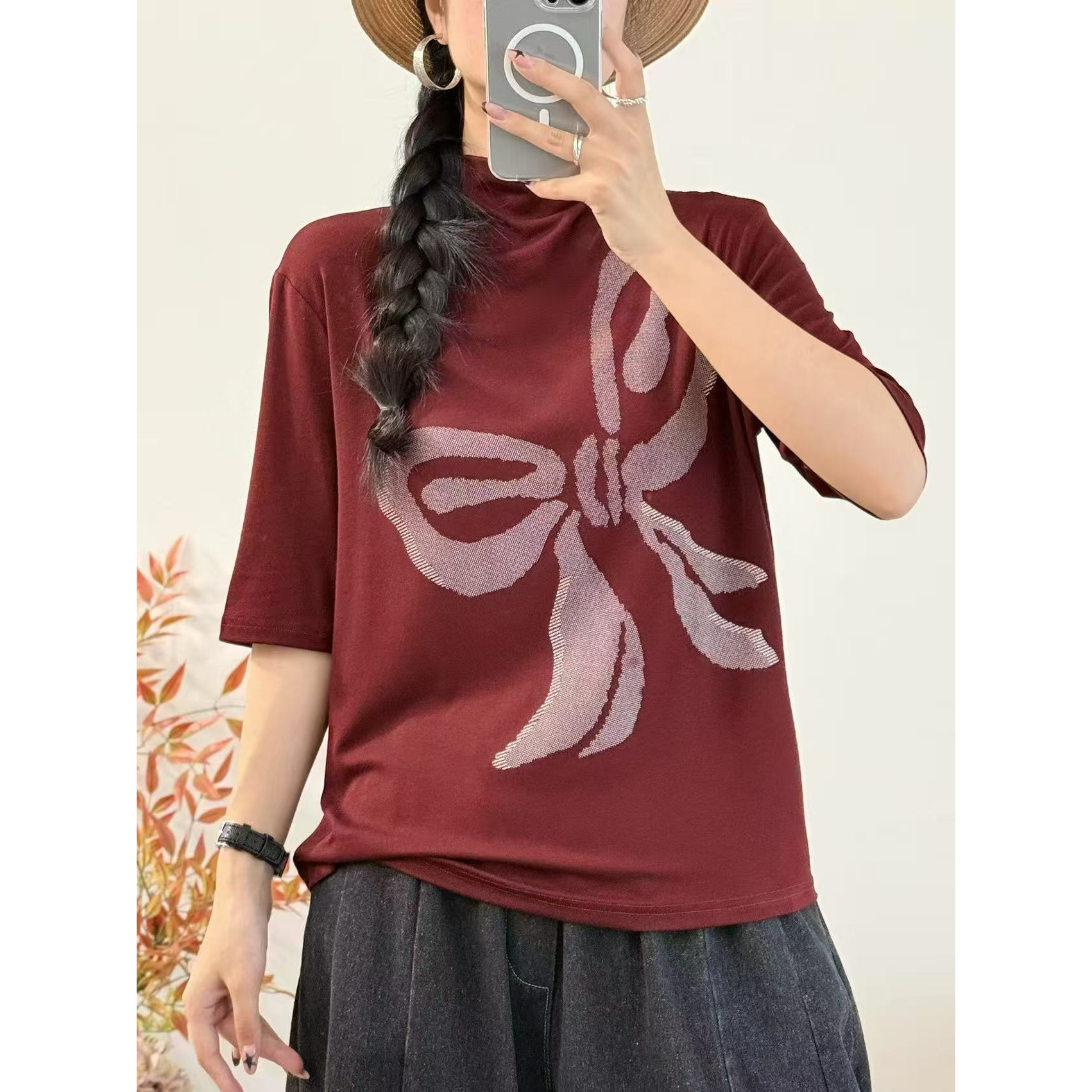 蝴蝶结半高领短袖包袖蝴蝶T恤ins时尚中性风赫本风S552