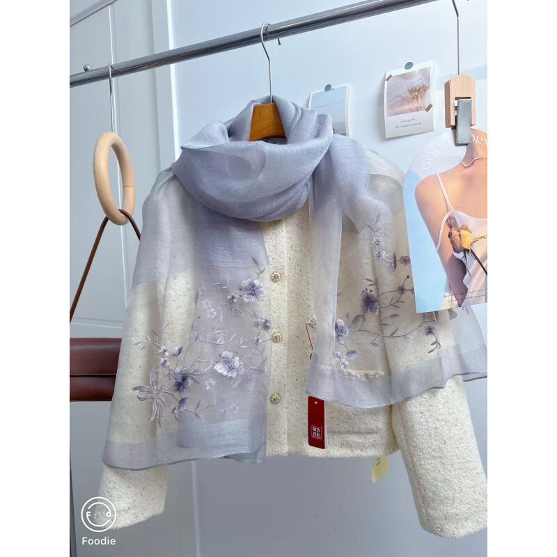 【灰色 蝶戏枝头】秋冬新款高档送礼中国风高端刺绣丝巾女轻薄围巾