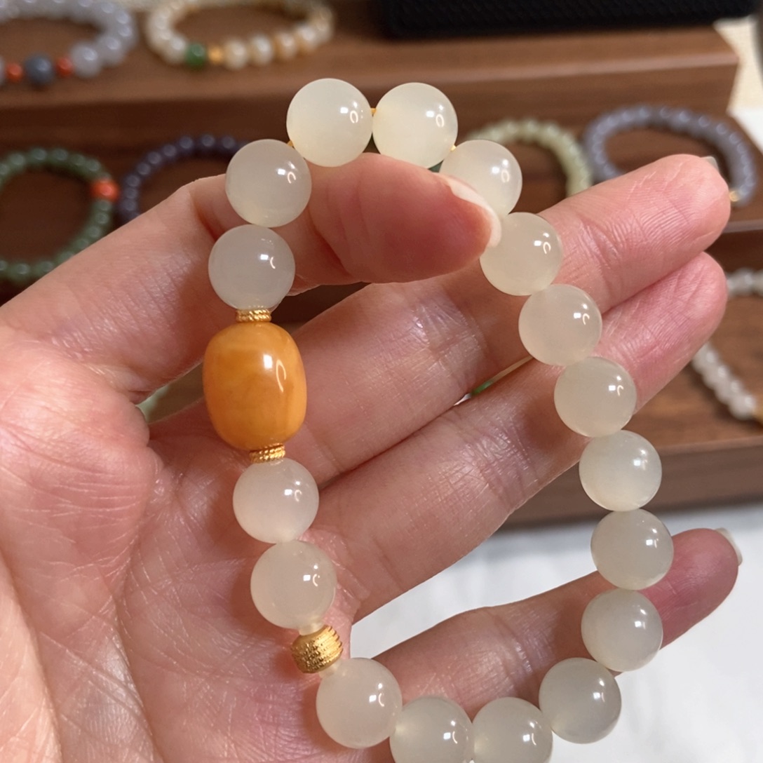 和田玉手链银S925镶嵌蜂蜜水10mm高冰底微猫