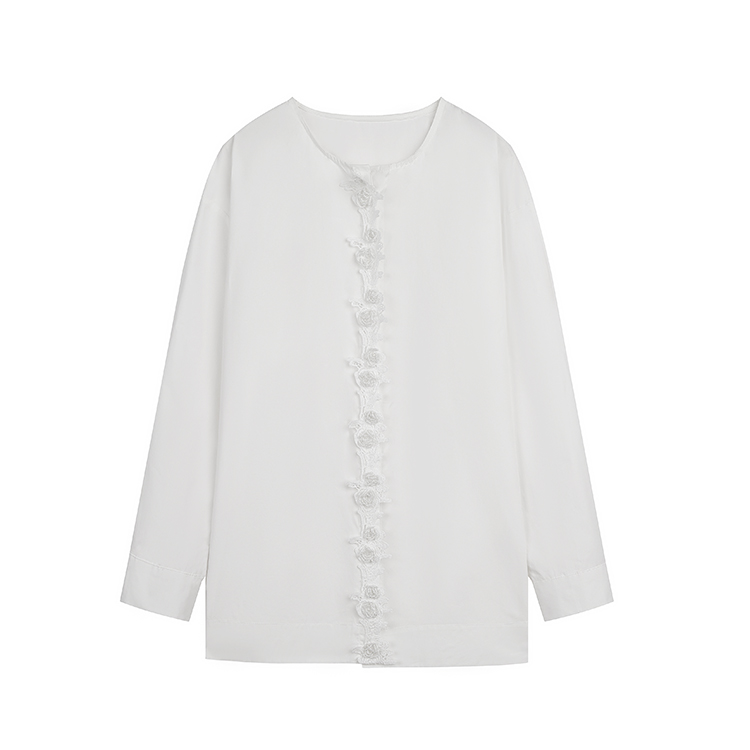 TXT【珠珠】早春新品百搭不透时尚亲肤透气衬衫圆领门襟花边订珠