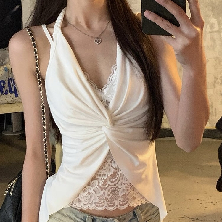 WGWE-蕾丝挂脖吊带背心假两件辣妹内搭无袖上衣背心