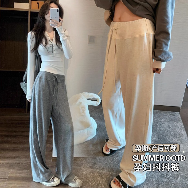 孕妇阔腿裤2025夏季休闲糯米裤薄款抽绳垂感运动外穿长裤子遛弯裤