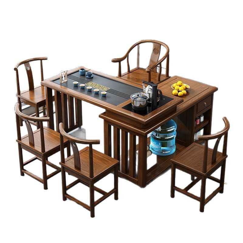 旋转茶桌阳台客厅胡桃组合多功能小茶台新中式360旋转茶桌椅组合