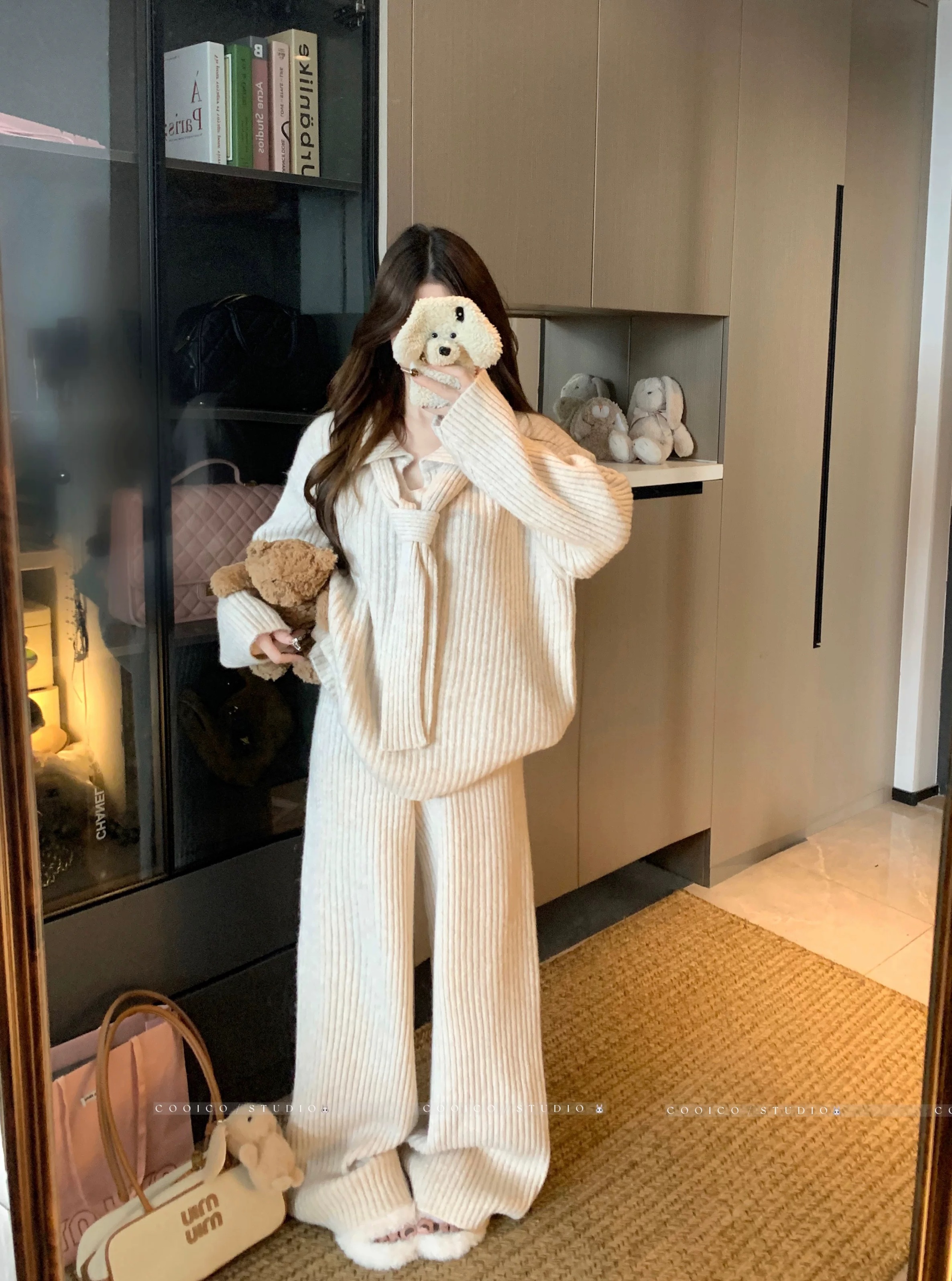 慵懒风加绒披肩长袖套头上衣女+高腰显瘦显高直筒休闲裤三件套