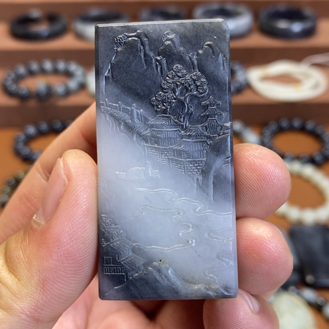 和田玉未镶嵌挂件新疆和田玉青花黑白山水挂件