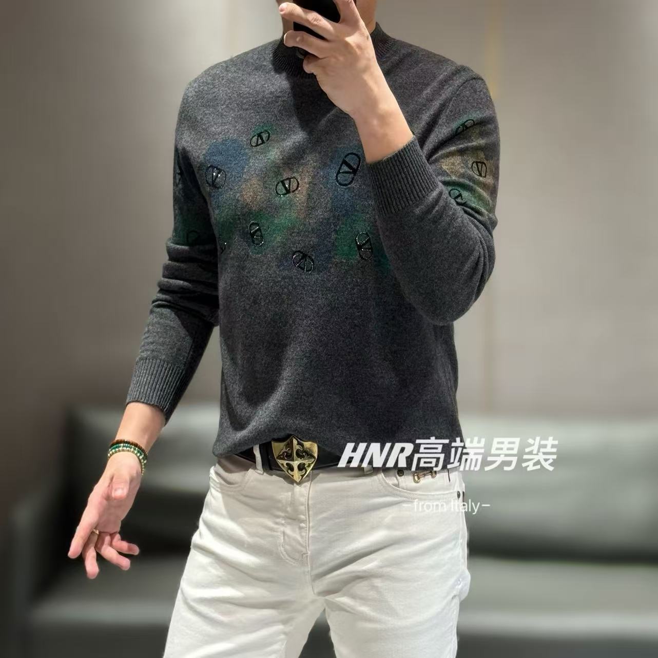 【山羊绒】高端定制男士山羊绒迷雾幻彩植绒雕花羊毛衫18060