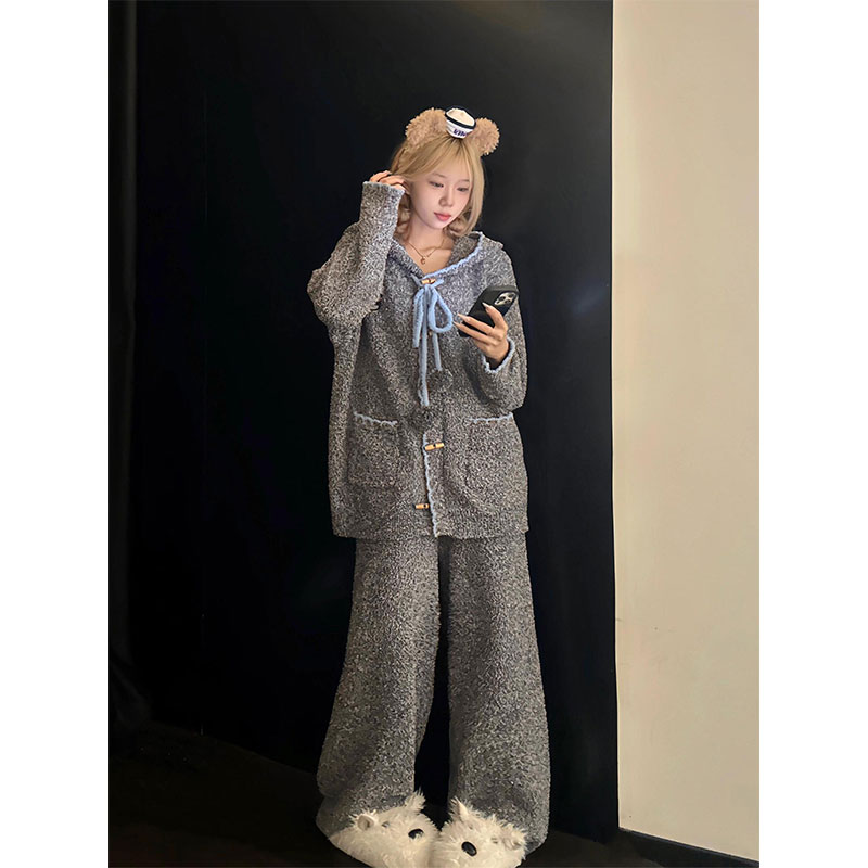 韩系企鹅牛角扣半边绒睡衣女秋冬季新款保暖加厚家居服可外穿套装
