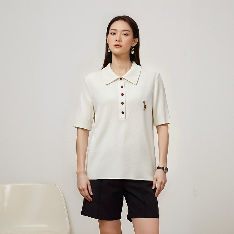 DP275【晴姐】春夏薄款修身火烈鸟设计感polo领套头短袖针织衫