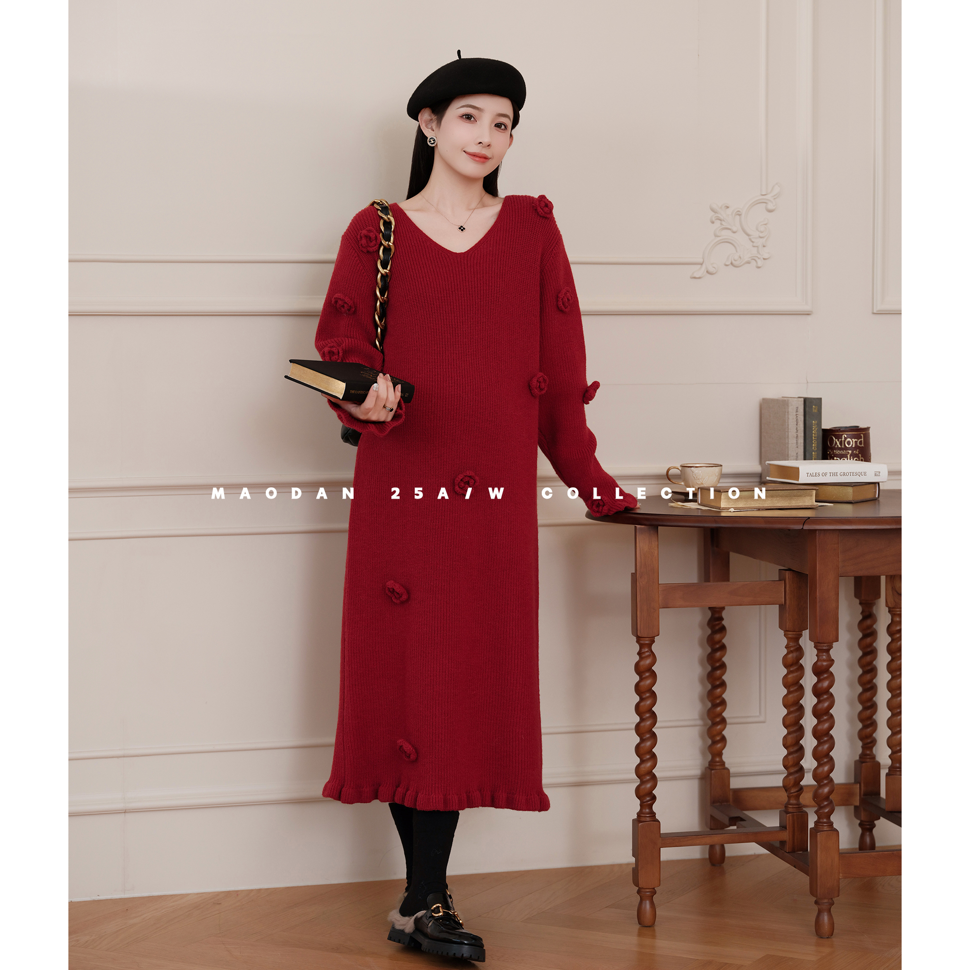 maodan/猫单【酒渍玫瑰】孕妇装冬季新品时尚气质复古甜美连衣裙