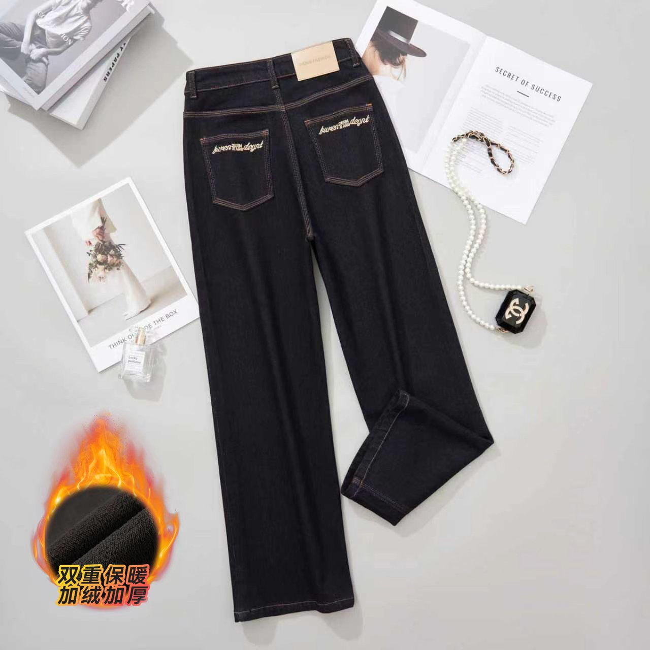 【三本针】秋冬有加绒厚款弹力高腰显瘦直筒裤蓝色黑金蓝牛仔裤女