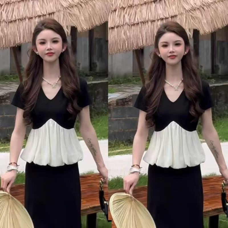 6220时尚气质撞色衬衫女2025夏季新款洋气显瘦拼接短袖遮肉两件套