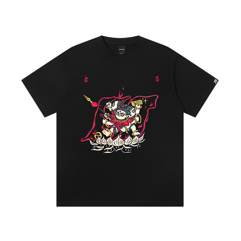 丛林老虎新中式三头六臂哪吒短袖男女国潮丝网印烫钻260g重磅t恤
