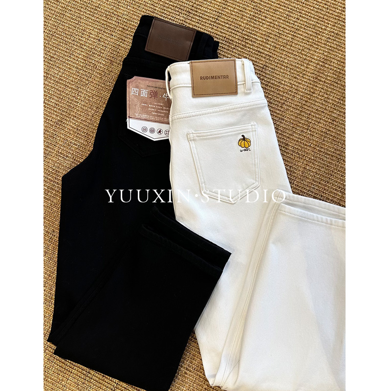  【YUUXIN】南瓜刺绣烟管裤~加绒加厚四面弹 冬季九分牛仔裤烟管裤