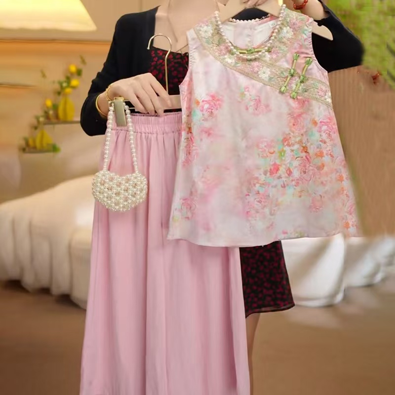 【粉色海棠】女童装汉服套装夏装2025新款儿童新中式两件套小女孩