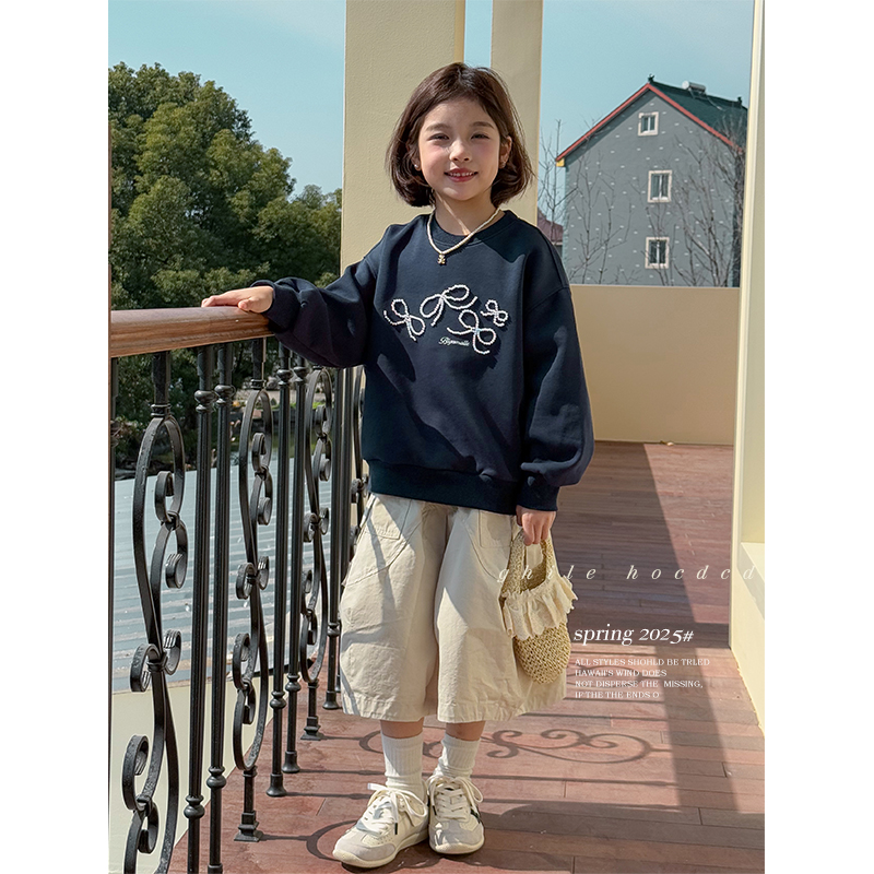 咸蛋小虾米童装2025年春装新款韩国女童立体珍珠蝴蝶结卫衣