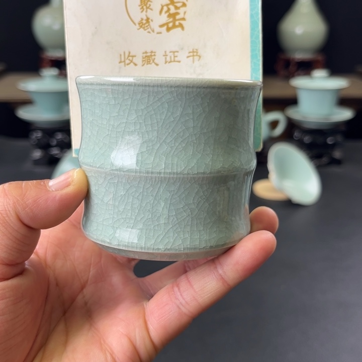 瓷片冰花釉釉水竹节杯