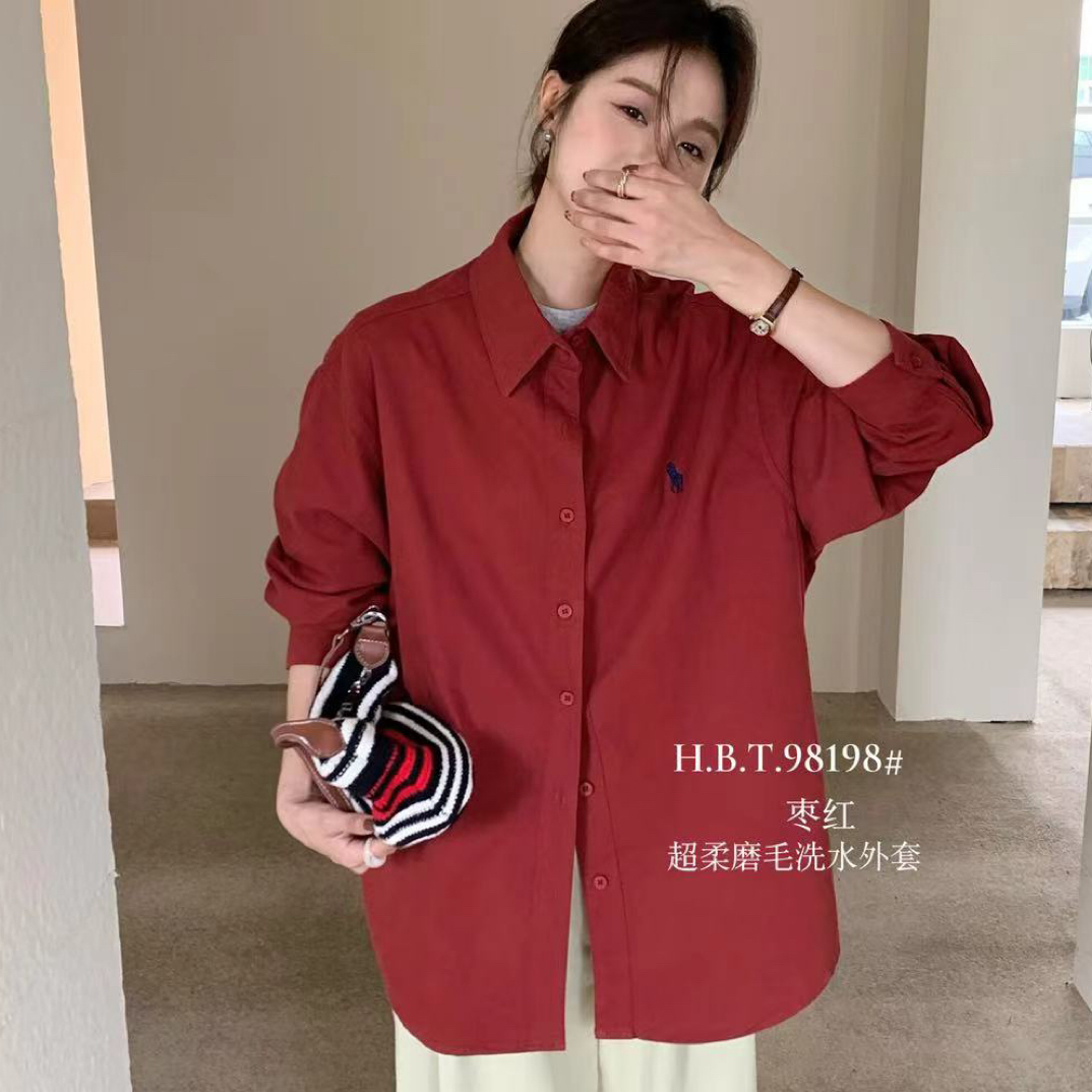 女士法式复古刺绣长袖翻领红色百搭衬衫磨毛水洗棉外套秋装新款