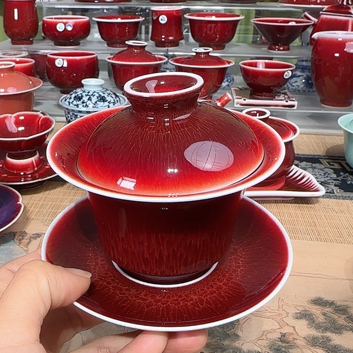 景德镇陶瓷红马坊盖碗