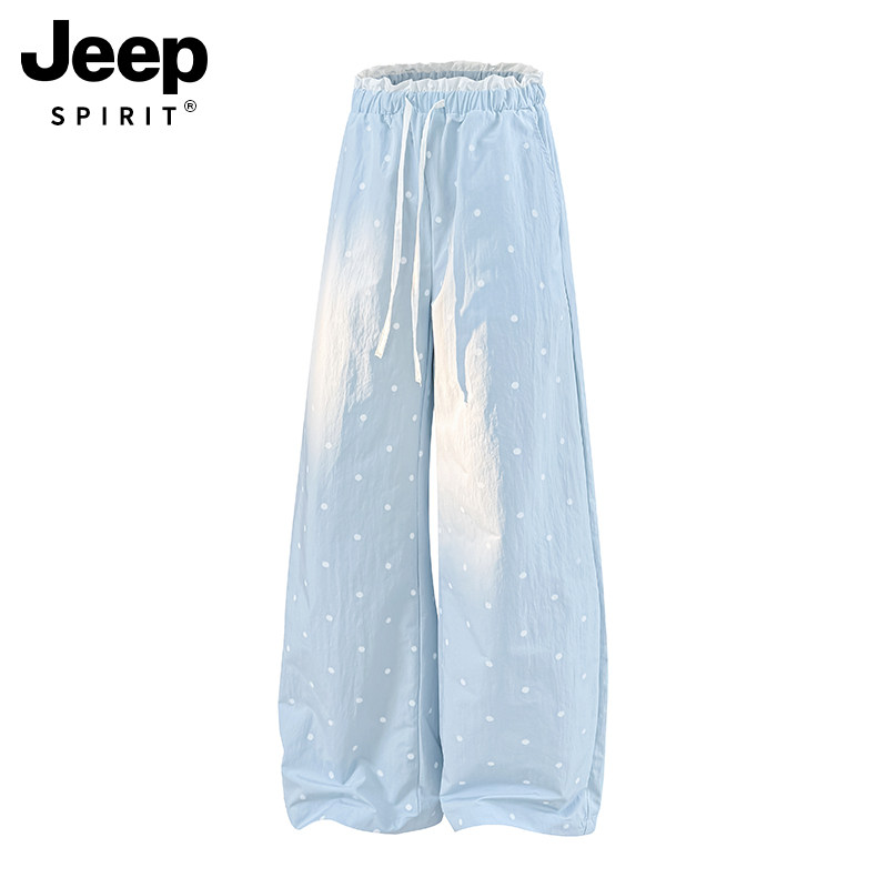 吉普JEEPSPIRIT蓝色运动裤女夏季新款波点印花慵懒感速干休闲裤子
