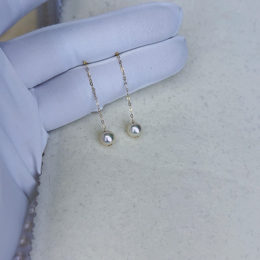 海水珍珠海水akoya耳线6-7mm18K金镶嵌