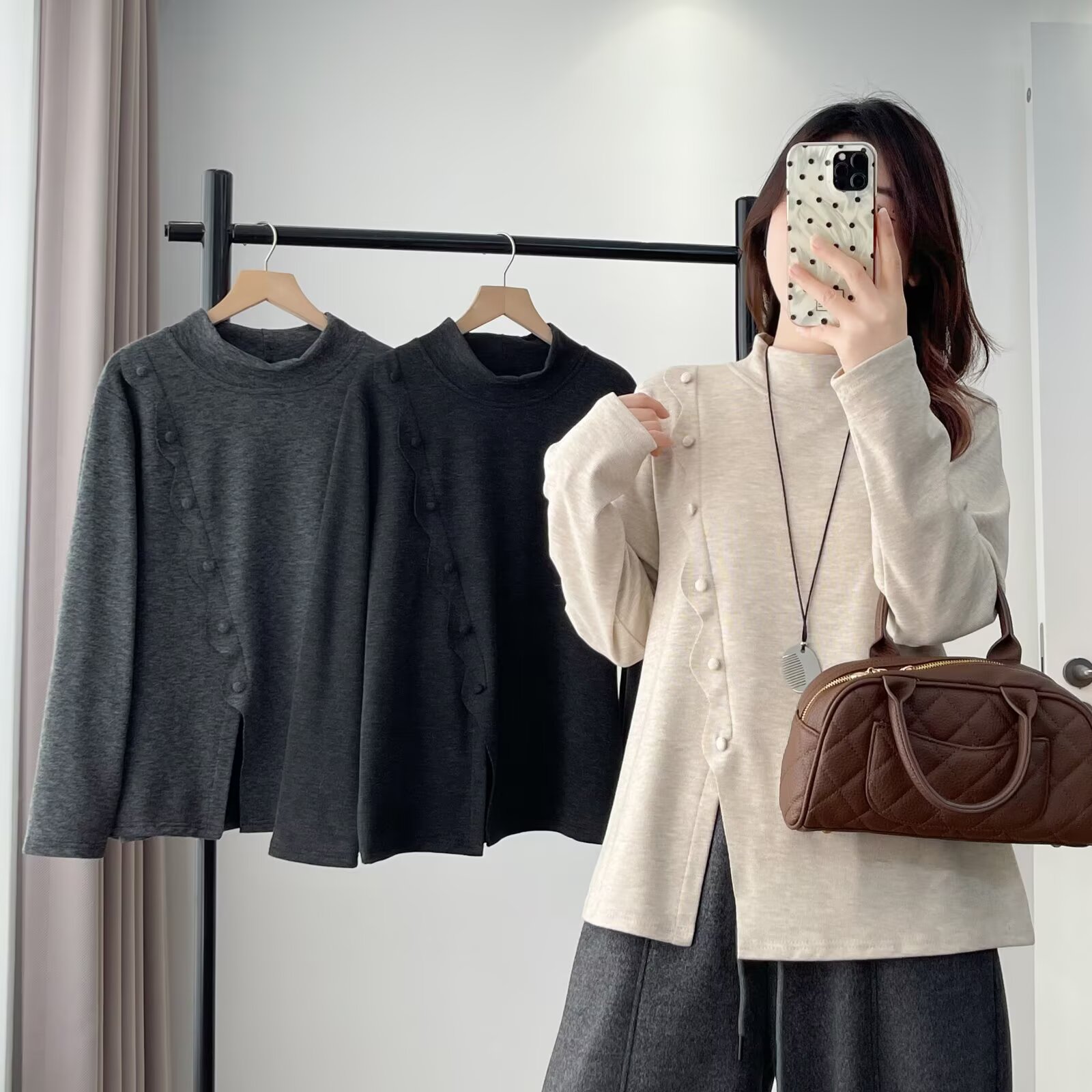 JIANAOBEN/简澳本大码洋气显瘦宽松设计感半高领长袖打底衫上衣