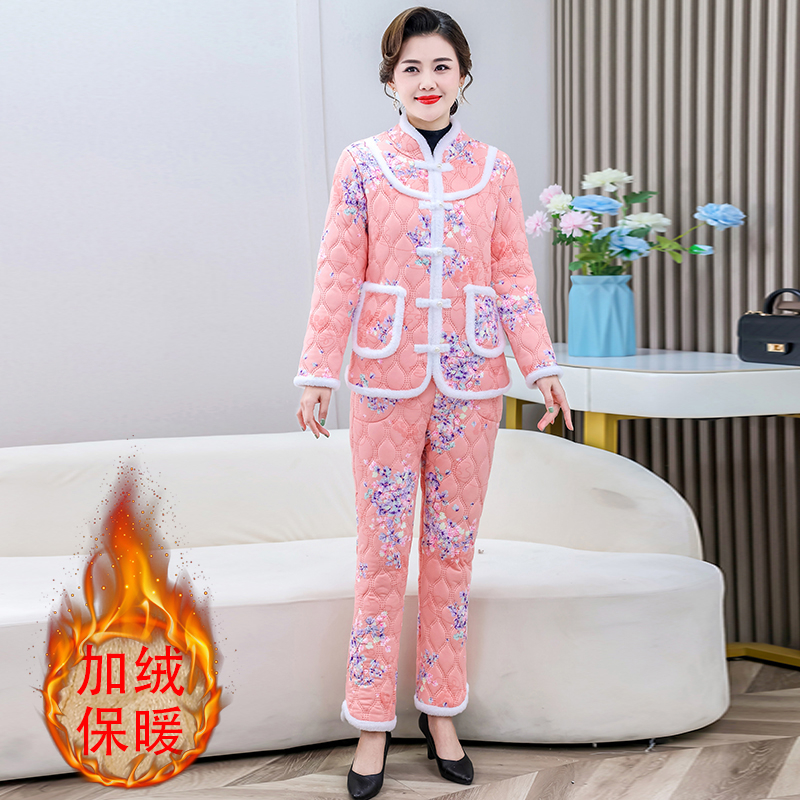 2024新款棉衣套装女碎花棉袄短款中老年加绒加厚复古盘扣二件套