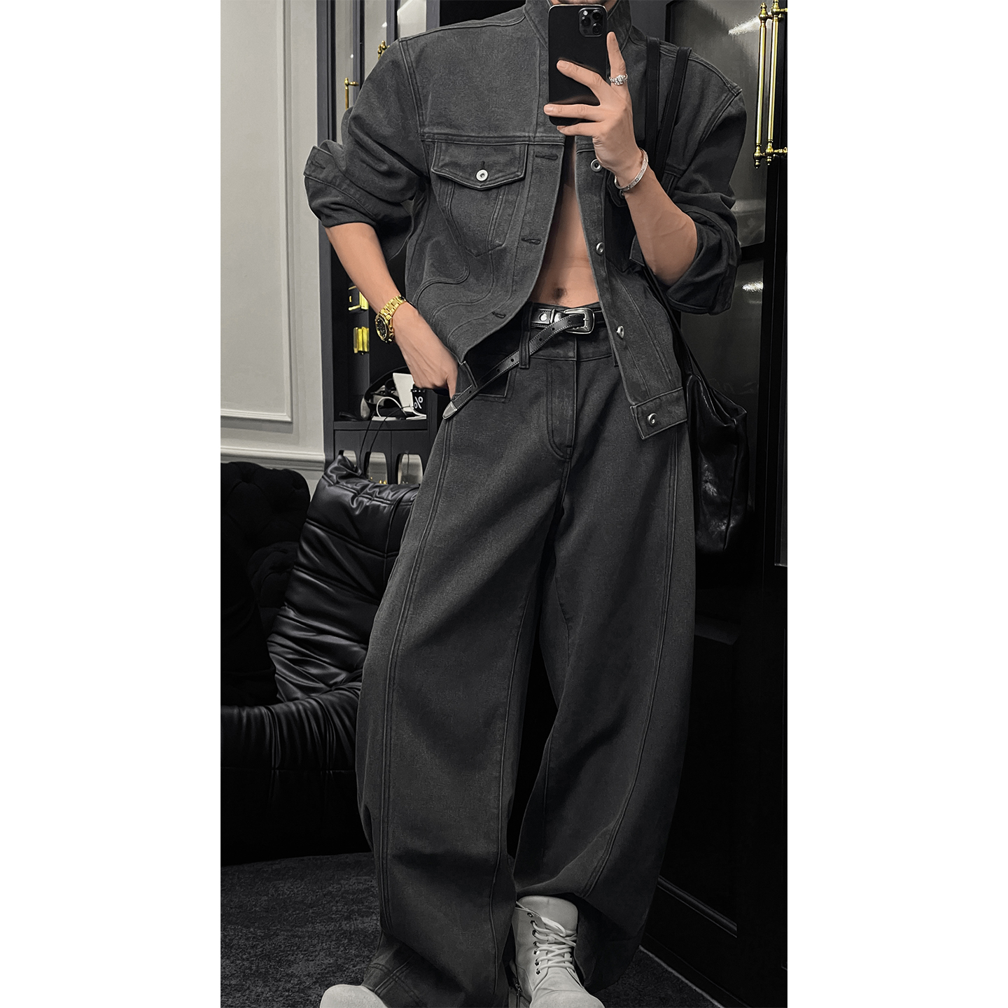 龙叨叨秋季新品美式复古设计夹克套装男潮牌简约宽松休闲外套长裤