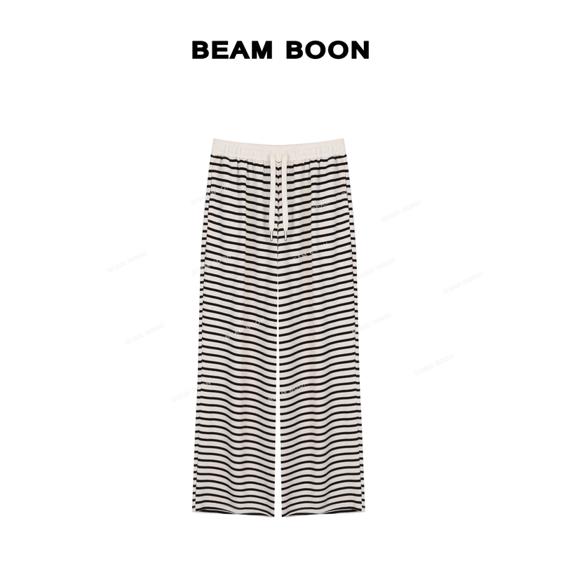 【北纬线条纹裤】云感垂垂裤~撞色显瘦抽绳松紧腰直筒休闲裤