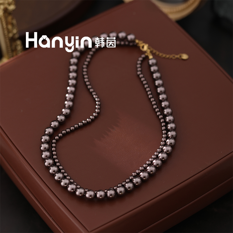 钛钢仿珍珠项链 8/4mm摩卡棕色珠珠双层叠戴项链小众复古气质