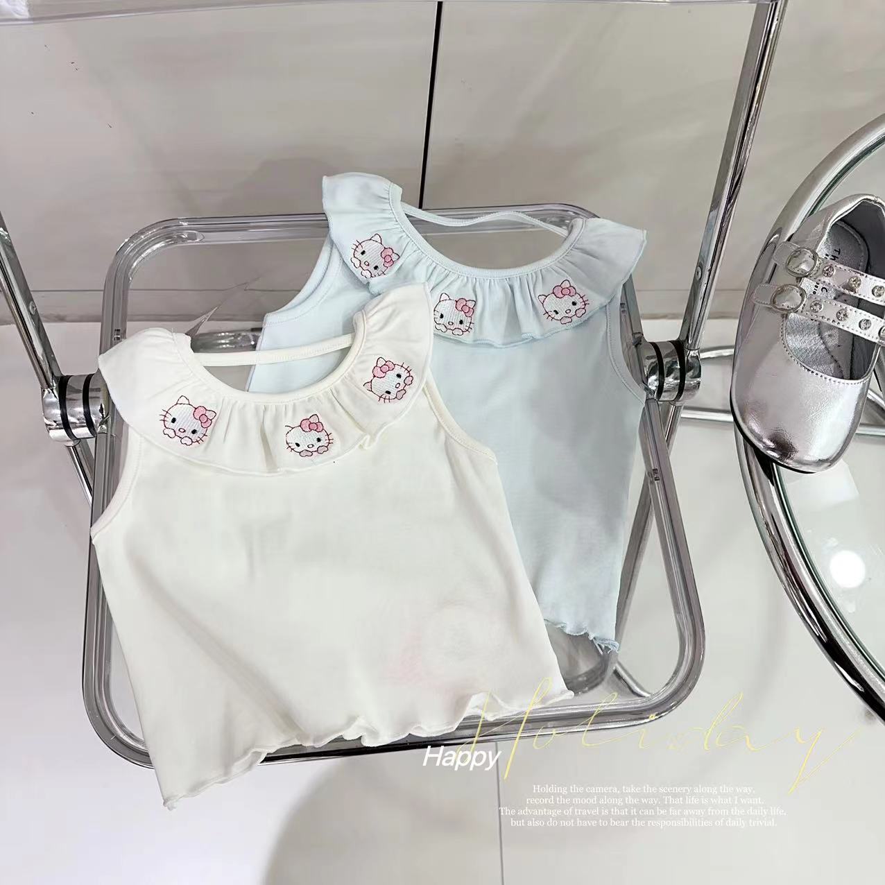 汤圆家童装2025夏季新款韩系KT猫刺绣木耳边纯色百搭背心 YA-1402