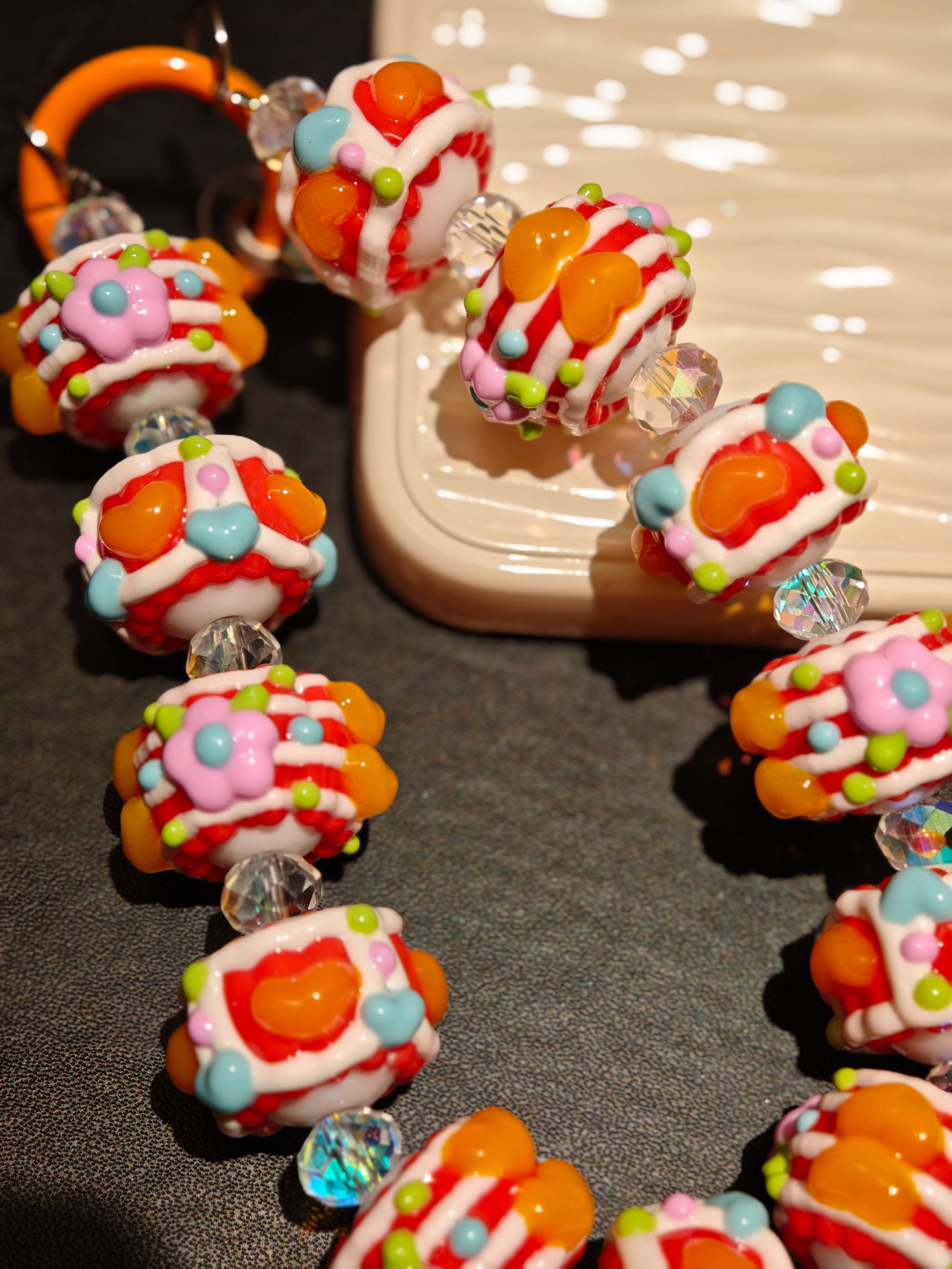 橙色厚油手绘珠创意个性手机链手提链通用挂绳可做钥匙扣手工diy