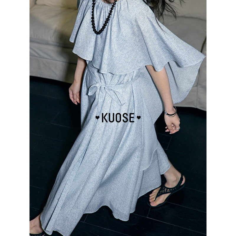 阔色条纹不规则披肩连衣裙长裙2025春夏季新气质温柔裙KSB2503022